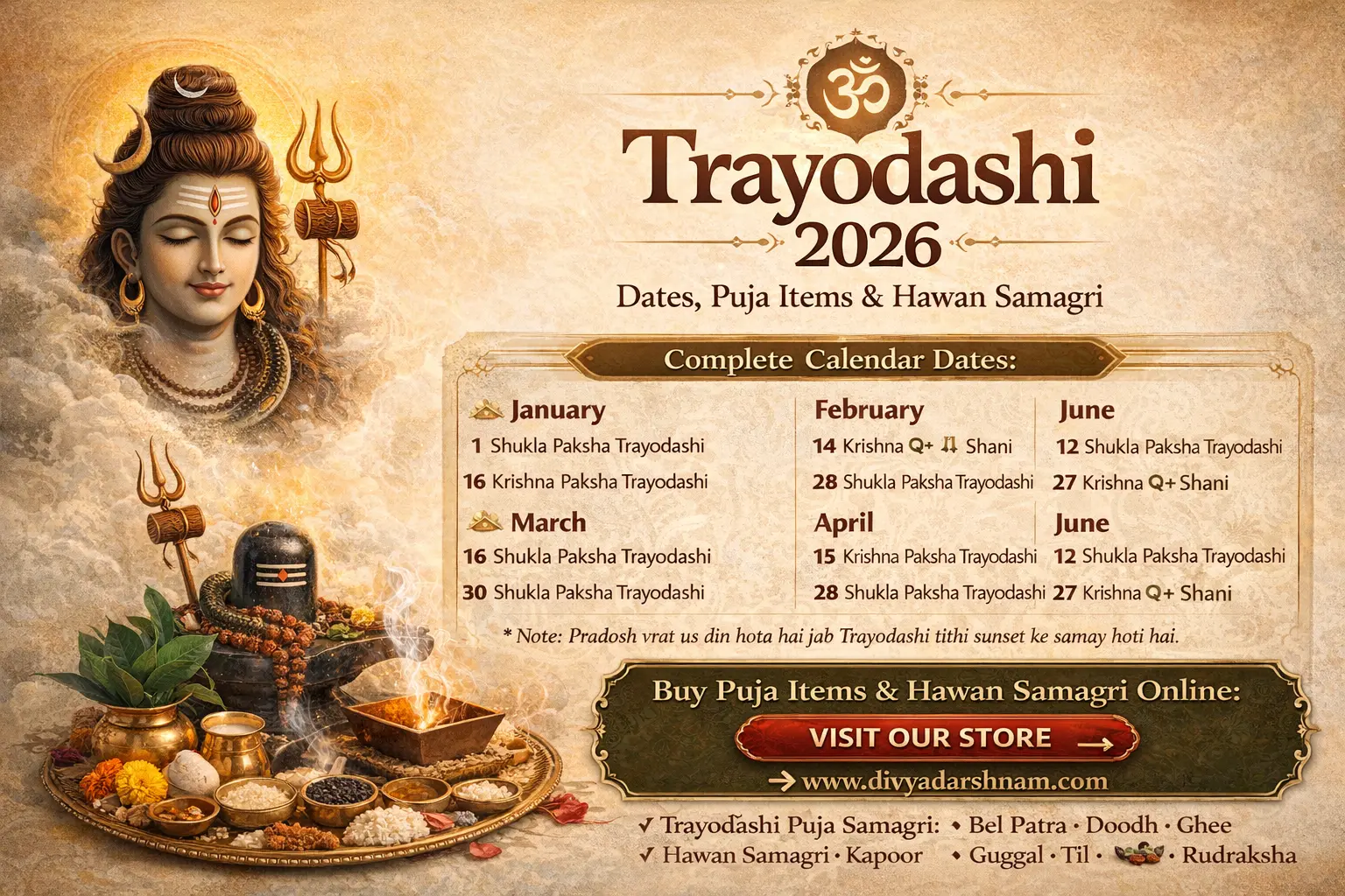 Trayodashi Tithi 2026: Full Calendar, Timing & Pradosh Details